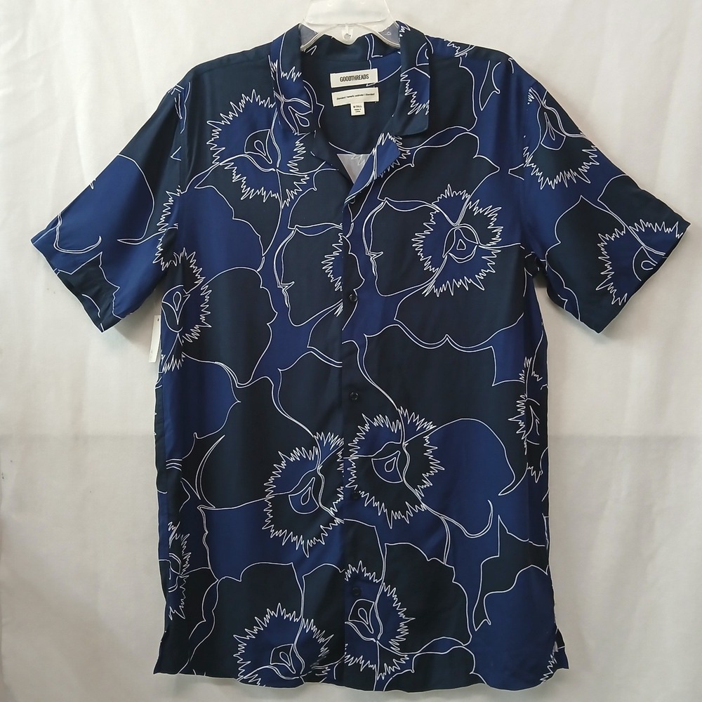 NEW Goodthreads Mens Floral Short Sleeve‎ Viscose Shirt Navy Blue M Tall Camp